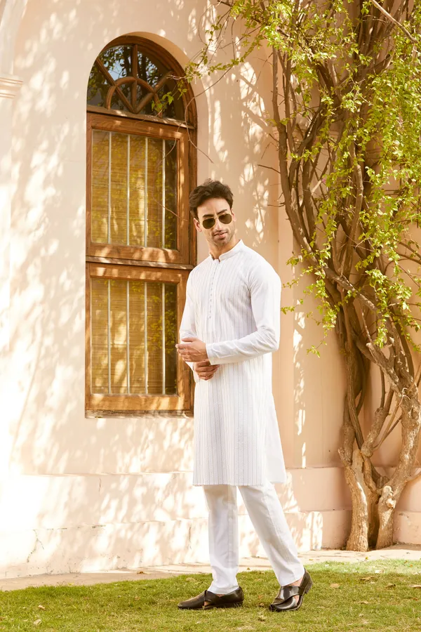 Men_White_Cotton_Pintex_Design_Gold_Thared_Work_&_Sequence_Kurta_With_Pyjama