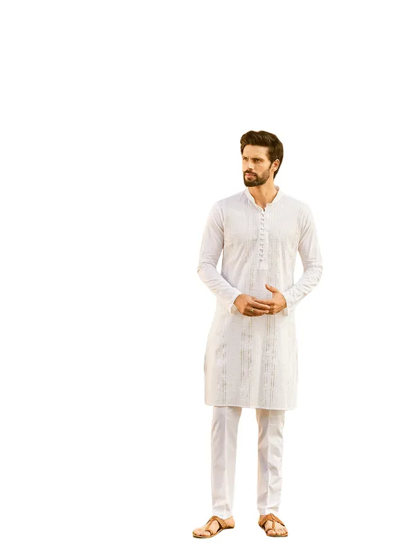Men_White_Cotton_Pintex_Design_Silver_Thared_Work_&_Sequence_Kurta_With_Pyjama