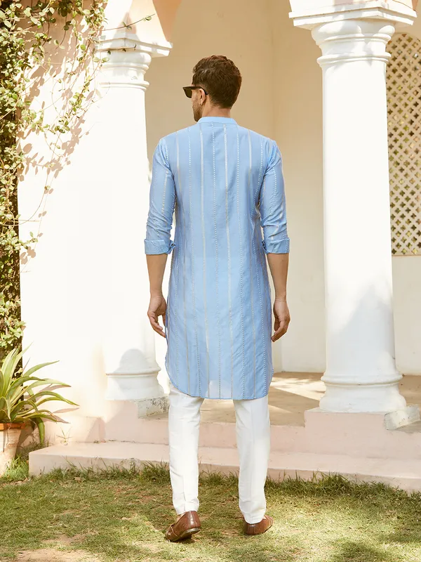 Men_Turquoise_Blue_Chanderi_Silk_Sequins_Cotton_Kurta_With_Pyjama