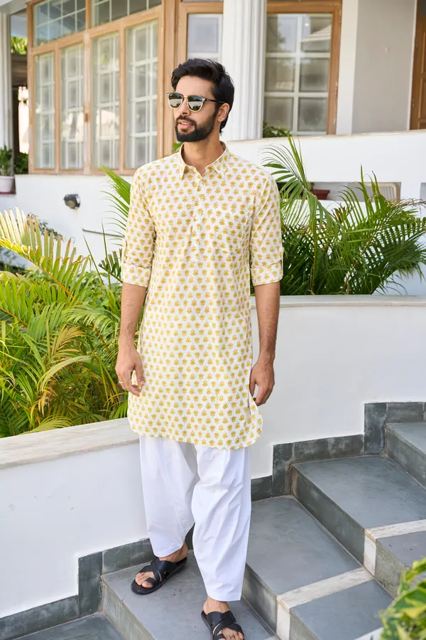 Men_Yellow_Regular_Pure_Cotton_Pathani_Kurta_With_White_Salwar