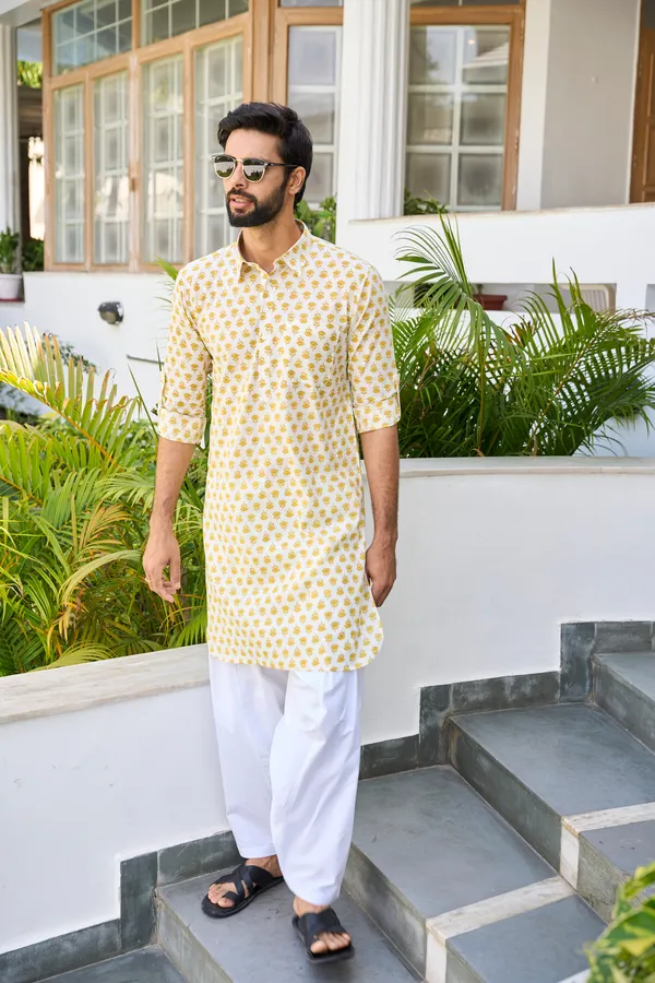 Men_Yellow_Regular_Pure_Cotton_Pathani_Kurta_With_White_Salwar