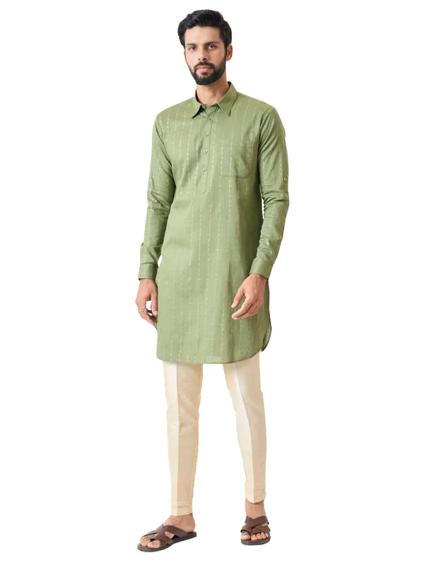 Men_Olive_Regular_Pure_Cotton_Pathani_Kurta_With_Gold_Pyjama