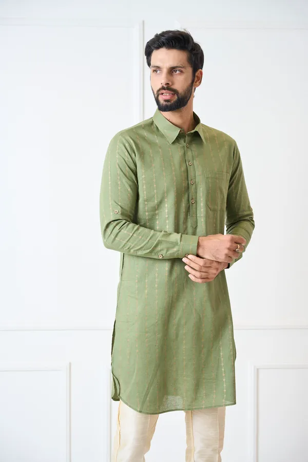 Men_Olive_Regular_Pure_Cotton_Pathani_Kurta_With_Gold_Pyjama