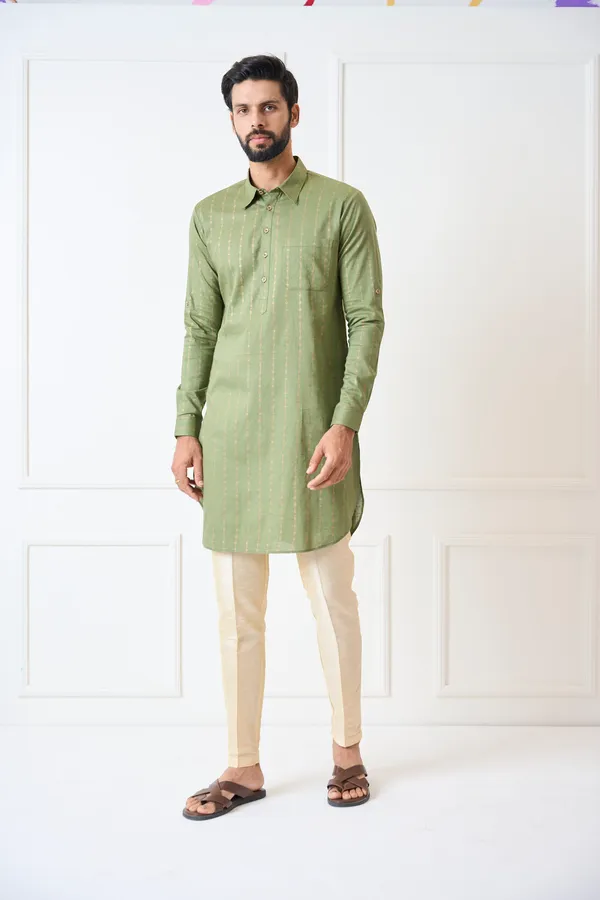 Men_Olive_Regular_Pure_Cotton_Pathani_Kurta_With_Gold_Pyjama