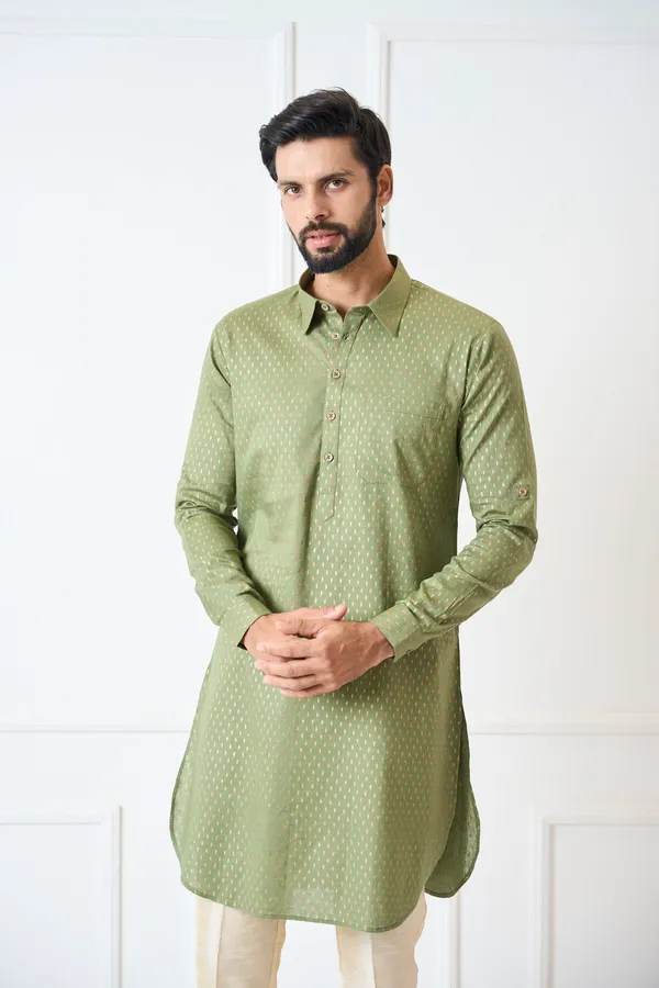 Men_Olive_Regular_Pure_Cotton_Pathani_Kurta_With_Gold_Pyjama