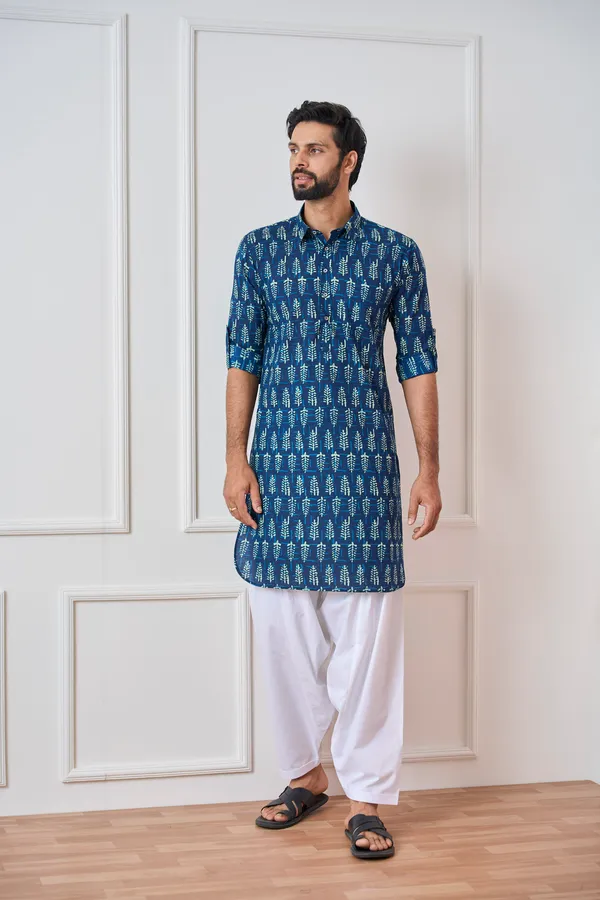 Men_Indigo_Regular_Pure_Cotton_Pathani_Kurta_With_White_Salwar