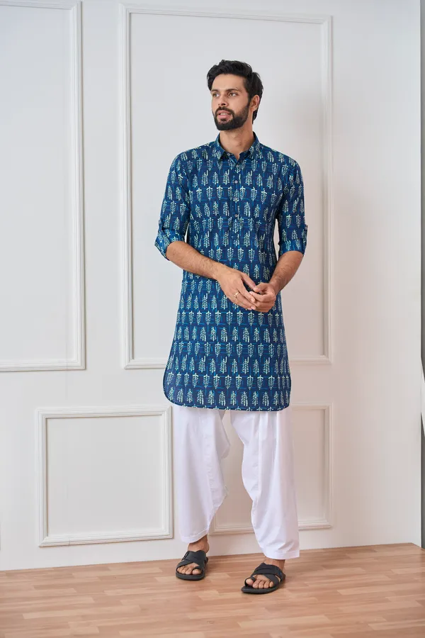 Men_Indigo_Regular_Pure_Cotton_Pathani_Kurta_With_White_Salwar