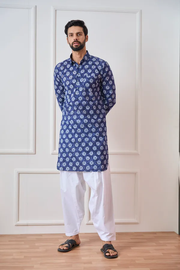 Men_Indigo_Regular_Pure_Cotton_Pathani_Kurta_With_White_Salwar
