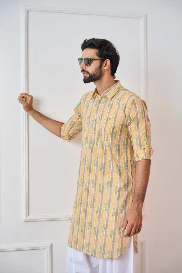 Yellow_Regular_Pure_Cotton_Pathani_Kurta_With_White_Salwar