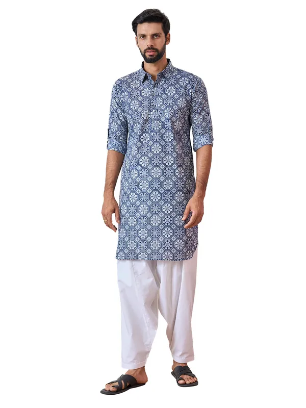 Men_Indigo_Regular_Pure_Cotton_Pathani_Kurta_With_White_Salwar