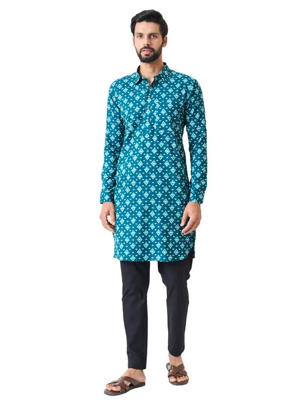 Men_Teal_Blue_Regular_Pure_Cotton_Pathani_Kurta_With_Black_Pyjama