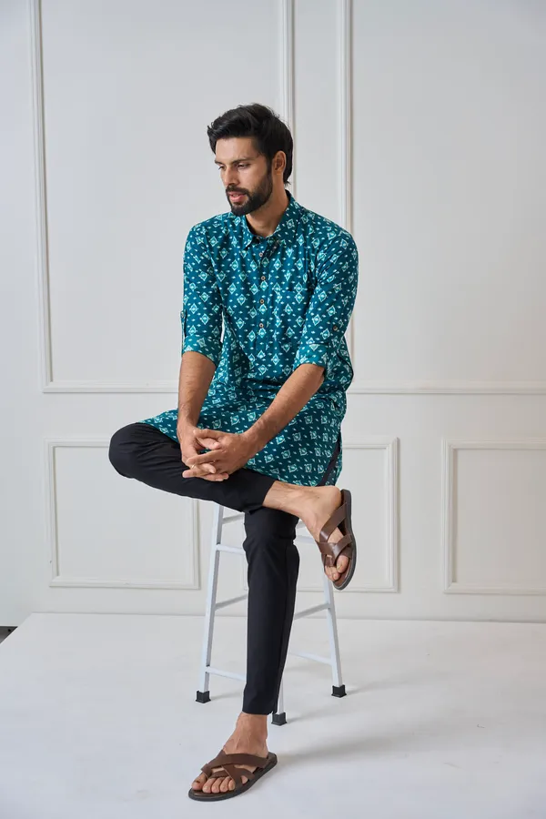Men_Teal_Blue_Regular_Pure_Cotton_Pathani_Kurta_With_Black_Pyjama