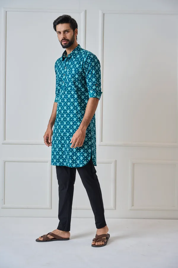 Men_Teal_Blue_Regular_Pure_Cotton_Pathani_Kurta_With_Black_Pyjama