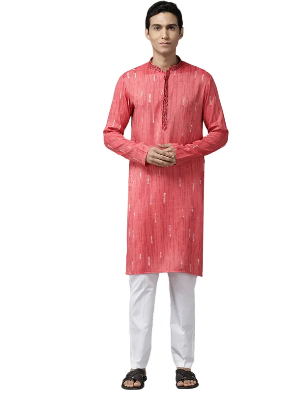 Men_Pink_&_White_Silk_Woven_Design_Staright_Kurta_With_Pajama