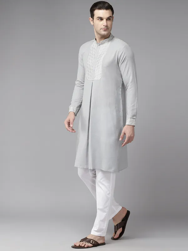Men_Grey_Zari_Work_Silk_Woven_Design_Staright_Kurta_With_Pajama