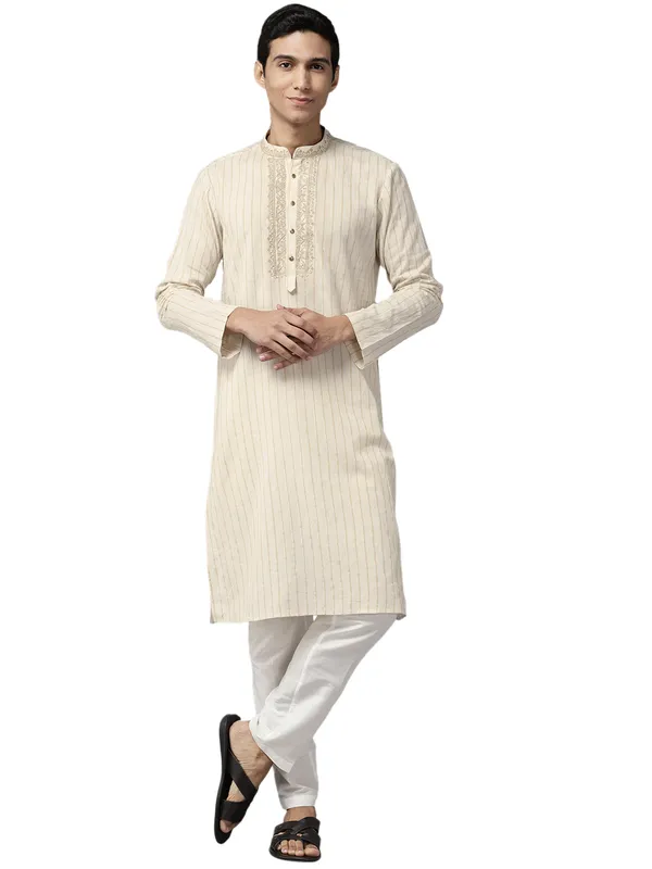 Men_Beige_&_Gold_Silk_Woven_Design_Staright_Kurta_With_Pajama