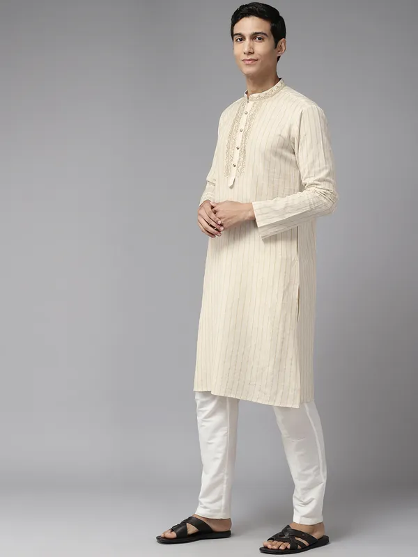Men_Beige_&_Gold_Silk_Woven_Design_Staright_Kurta_With_Pajama