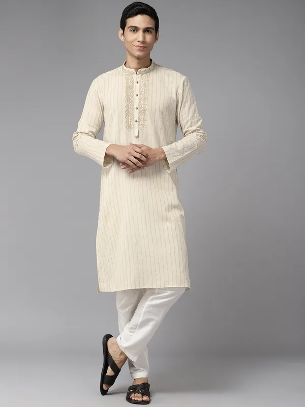 Men_Beige_&_Gold_Silk_Woven_Design_Staright_Kurta_With_Pajama