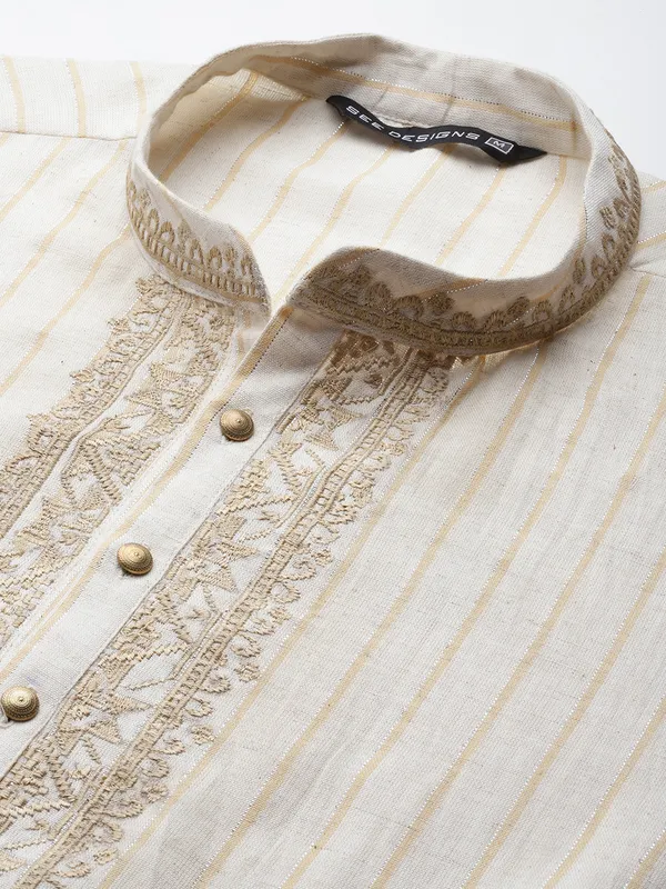 Men_Beige_&_Gold_Silk_Woven_Design_Staright_Kurta_With_Pajama