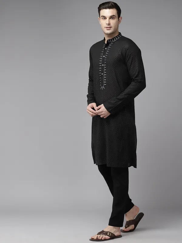 Men_Black_&_Silver_Silk_Woven_Design_Staright_Kurta_With_Pajama