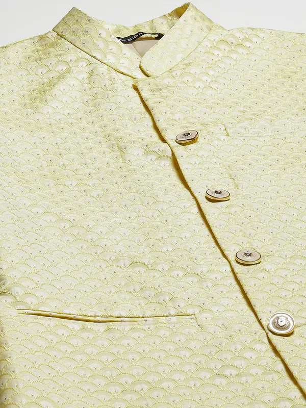 Men_Lime_Yellow_&_White_Solid_Kurta_Pyjamas_With_Nehru_Jacket