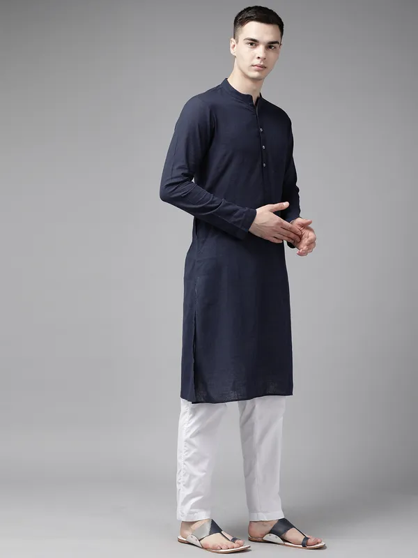 Men_Blue_&_Beige_Printed_Pure_Cotton_Kurta_Pyjama_With_Nehru_Jacket