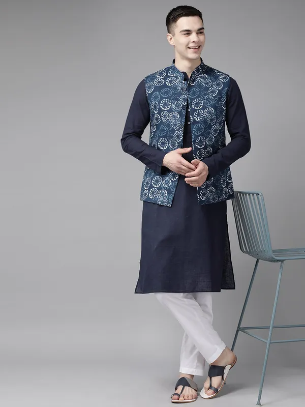 Men_Blue_&_Beige_Printed_Pure_Cotton_Kurta_Pyjama_With_Nehru_Jacket