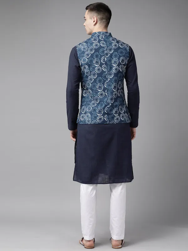 Men_Blue_&_Beige_Printed_Pure_Cotton_Kurta_Pyjama_With_Nehru_Jacket