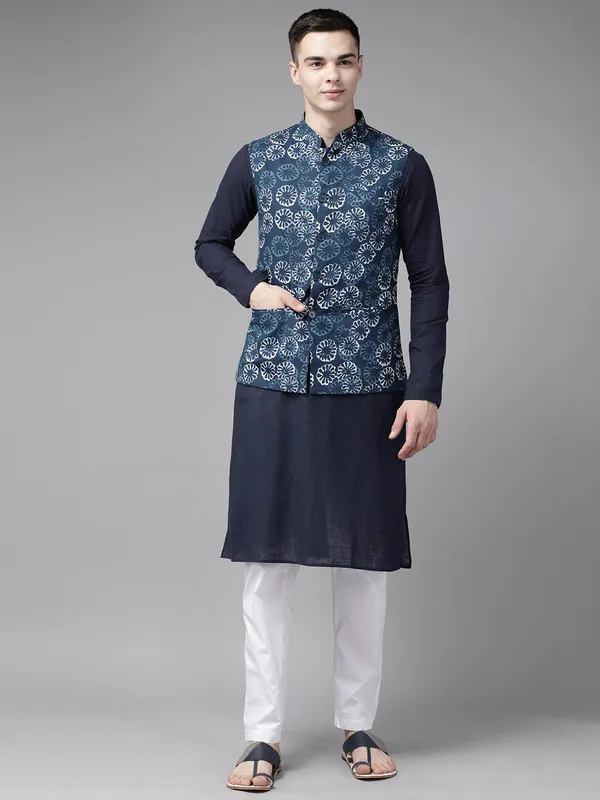 Men_Blue_&_Beige_Printed_Pure_Cotton_Kurta_Pyjama_With_Nehru_Jacket
