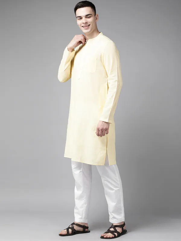Men_Yellow_&_Beige_Printed_Pure_Cotton_Kurta_Pyjama_With_Nehru_Jacket
