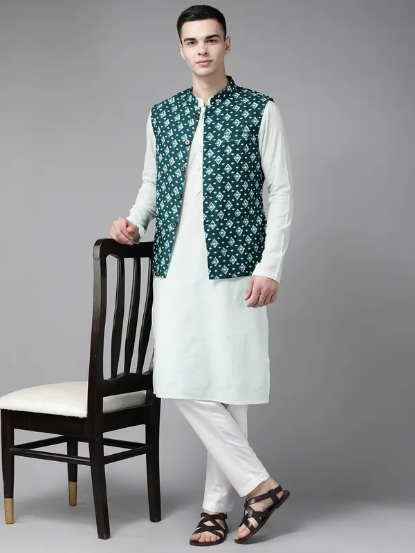 Men_Teal_Blue_&_Beige_Printed_Pure_Cotton_Kurta_Pyjama_With_Nehru_Jacket
