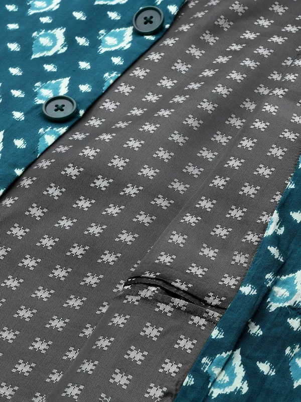 Men_Teal_Blue_&_Beige_Printed_Pure_Cotton_Kurta_Pyjama_With_Nehru_Jacket