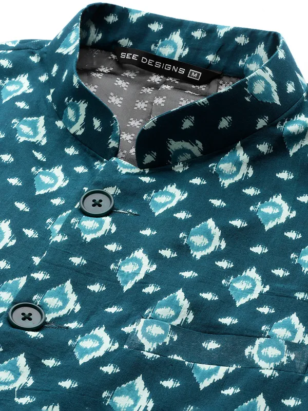 Men_Teal_Blue_&_Beige_Printed_Pure_Cotton_Kurta_Pyjama_With_Nehru_Jacket