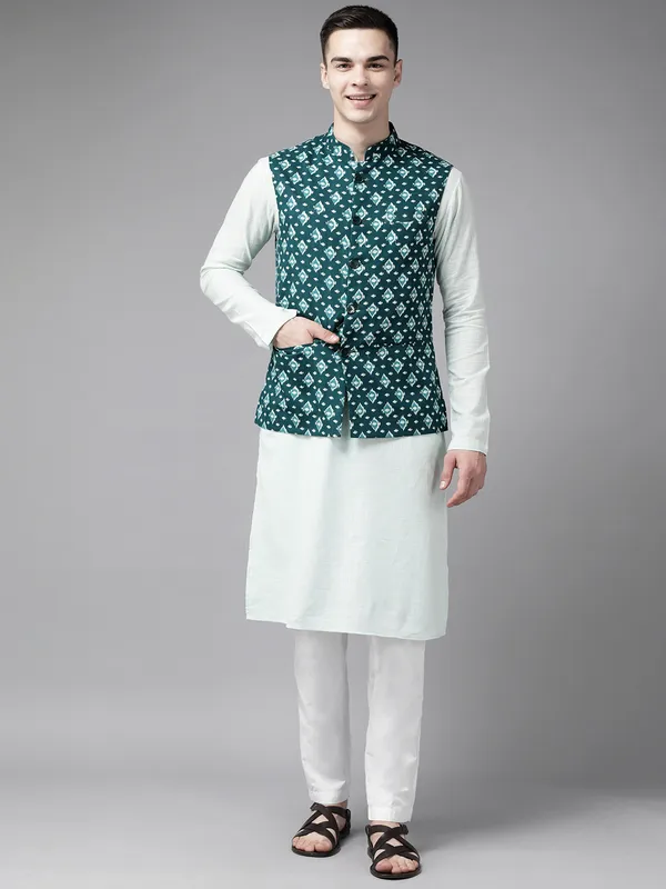 Men_Teal_Blue_&_Beige_Printed_Pure_Cotton_Kurta_Pyjama_With_Nehru_Jacket