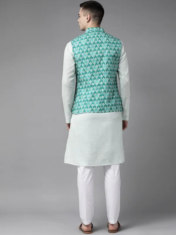 Men_Green_&_Beige_Printed_Pure_Cotton_Kurta_Pyjama_With_Nehru_Jacket