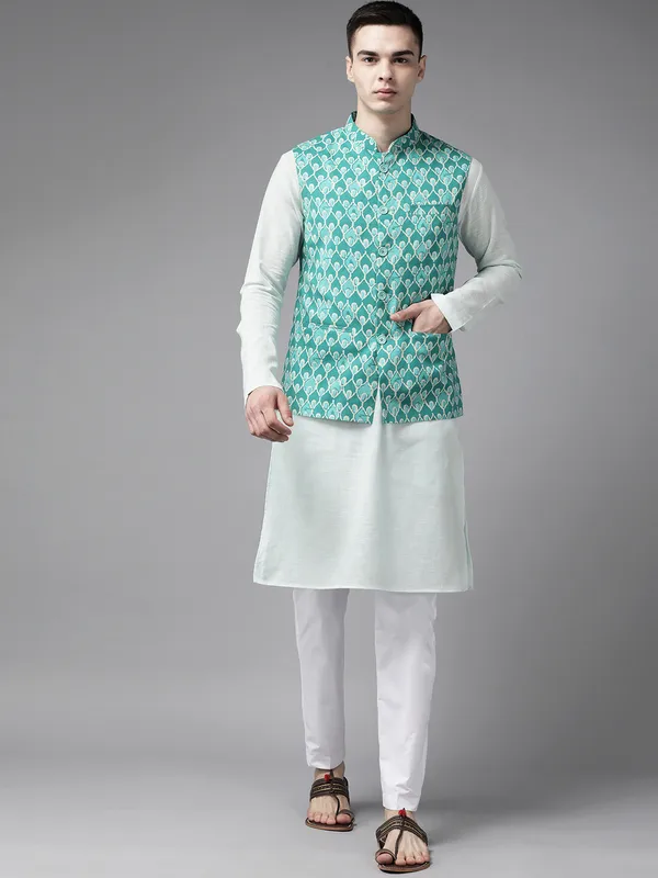Men_Green_&_Beige_Printed_Pure_Cotton_Kurta_Pyjama_With_Nehru_Jacket