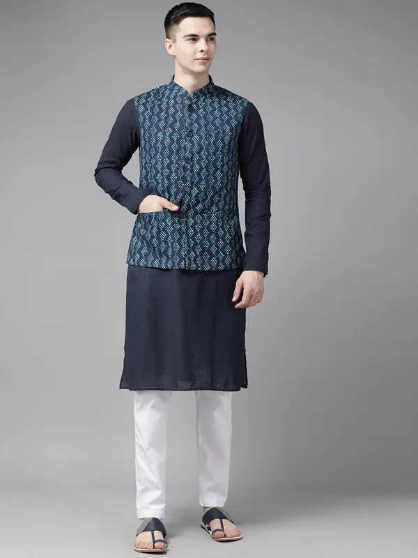 Men_Blue_&_Beige_Printed_Pure_Cotton_Kurta_Pyjama_With_Nehru_Jacket