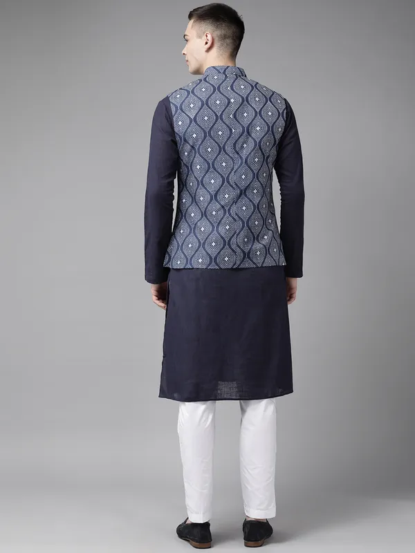 Men_Blue_&_Beige_Printed_Pure_Cotton_Kurta_Pyjama_With_Nehru_Jacket