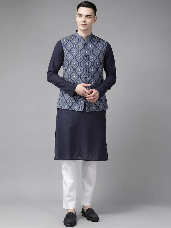 Pure_Cotton_Kurta_with_Pyjama_&_Printed_Nehru_Jacket