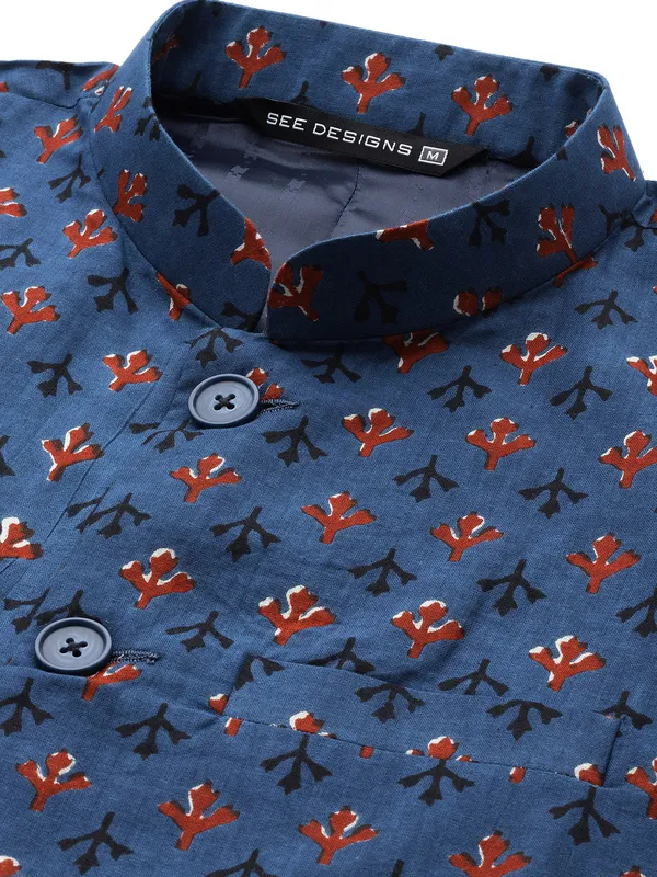 Men_Blue_&_Beige_Printed_Pure_Cotton_Kurta_Pyjama_With_Nehru_Jacket