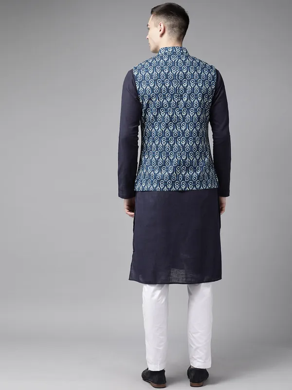 Men_Blue_&_Beige_Printed_Pure_Cotton_Kurta_Pyjama_With_Nehru_Jacket