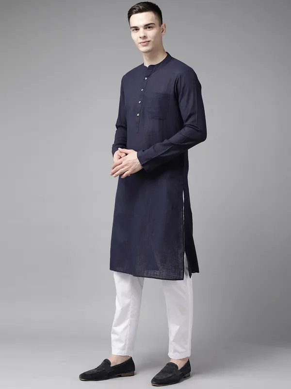 Men_Blue_&_Beige_Printed_Pure_Cotton_Kurta_Pyjama_With_Nehru_Jacket
