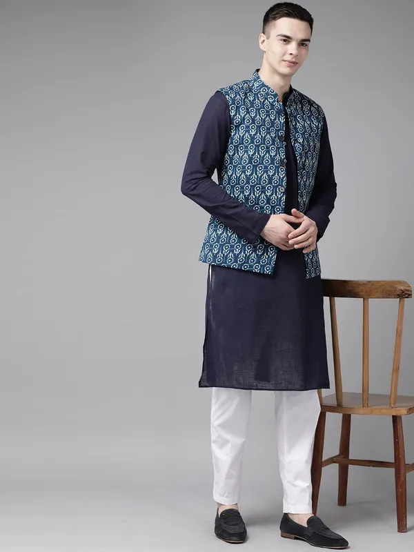 Men_Blue_&_Beige_Printed_Pure_Cotton_Kurta_Pyjama_With_Nehru_Jacket