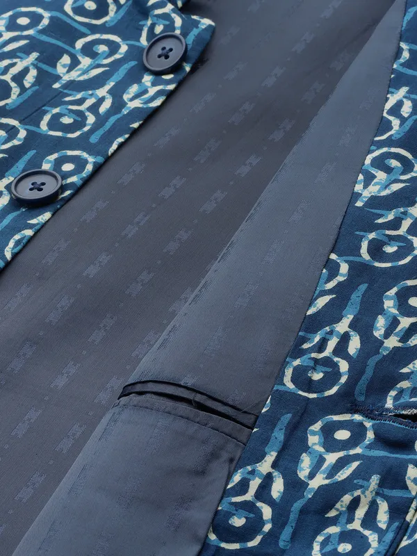 Men_Blue_&_Beige_Printed_Pure_Cotton_Kurta_Pyjama_With_Nehru_Jacket