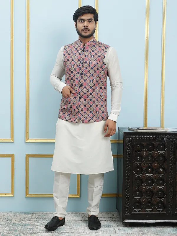 Men_Off_White_Kurta_Pajama_And_Blue_Digital_Print_Cotton_Nehru_Jacket