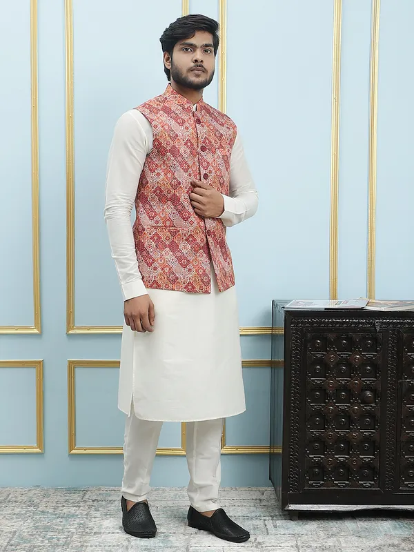 Men_Off_White_Kurta_Pajama_And_Maroon_Digital_Print_Cotton_Nehru_Jacket