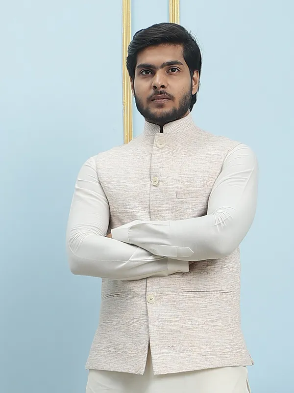 Men_Off_White_Kurta_Pajama_And_Cream_Color_Solid_Khadi_Nehru_Jacket