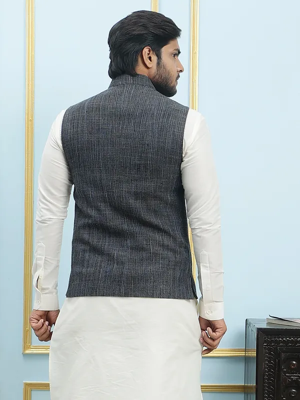 Men_Off_White_Kurta_Pajama_And_Black_Color_Solid_Khadi_Nehru_Jacket