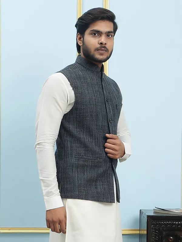 Men_Off_White_Kurta_Pajama_And_Black_Color_Solid_Khadi_Nehru_Jacket