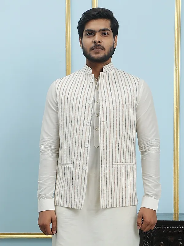 Men_Off_White_Kurta_Pajama_And_Cream_Color_Solid_Khadi_Nehru_Jacket